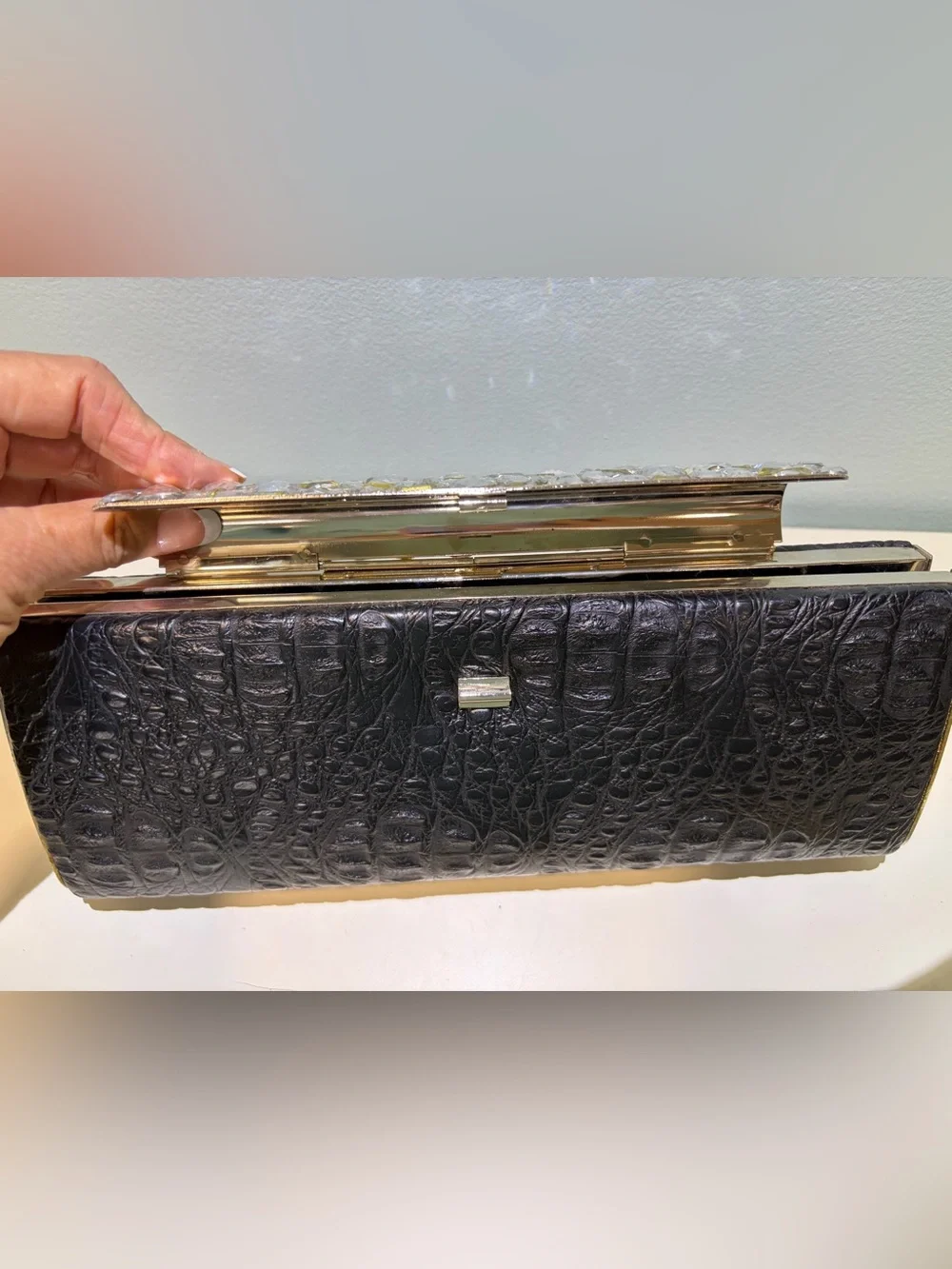 Black Embossed Crocodile Print Evening Clutch Dramatic Crystal Accent & Chain